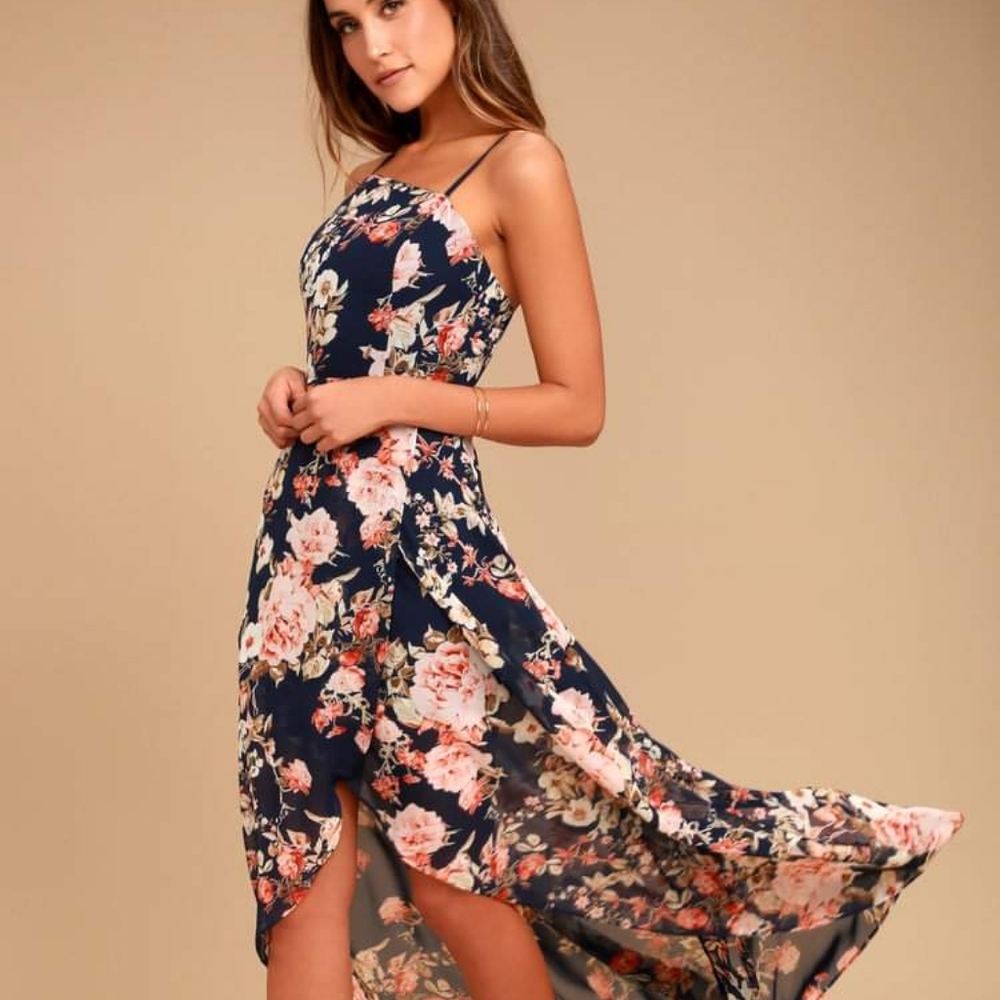 Lulu's Reflection Navy Blue Floral High-Low Dress